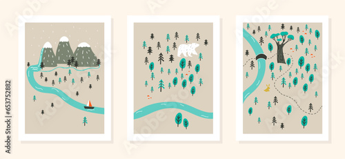 Set of three posters for kids room decoration. Vector illustration with forest, mountains and river in cartoon style photo