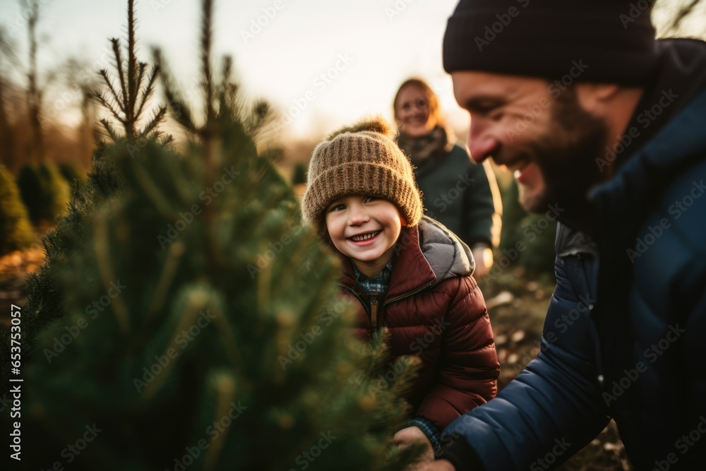 Happy family, man and two children choosing a fresh Christmas tree on fir tree cutting plantation. Cute and felling own xmas tree in forest, family tradition.