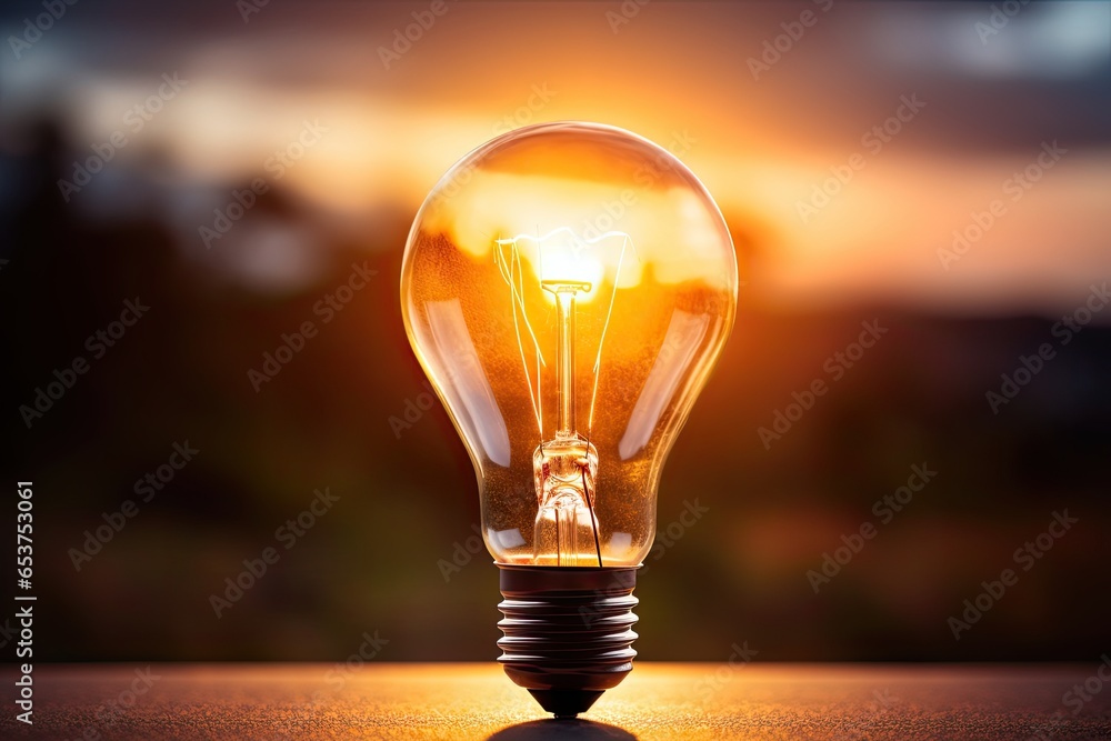 Light bulb with the sun rising, concept photography of a glowing light ...