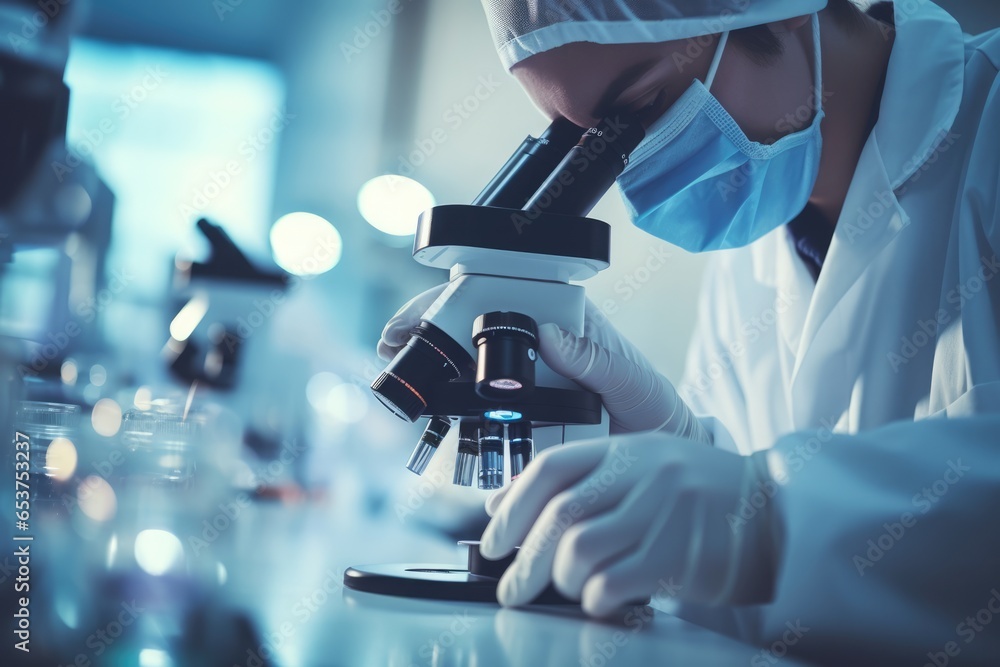 Serious concentrated female microbiologist in sterile clothing doing research in laboratory, working with microscope making analysis at the laboratory office Serious concentrated female microbiologist in sterile clothing doing research in laboratory, working with microscope making analysis at the laboratory office