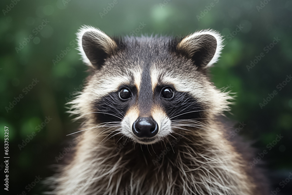 The portrait of a wildlife raccoon looking at the camera in the forest, Generative AI.