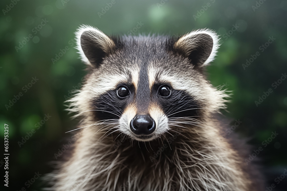 The portrait of a wildlife raccoon looking at the camera in the forest, Generative AI. The portrait of a wildlife raccoon looking at the camera in the forest, Generative AI.