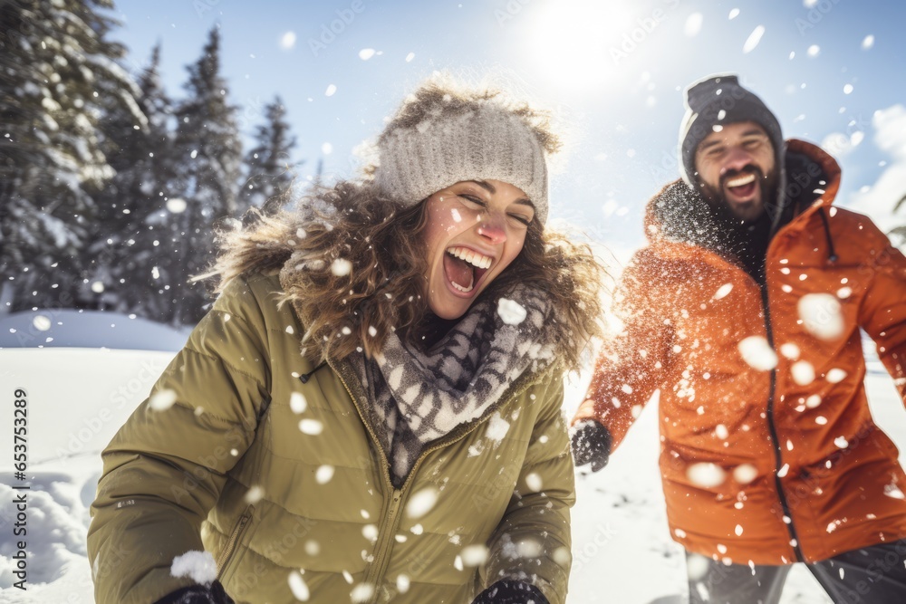 Cheerful couple having a snowball fight in the snow, young people having fun outdoors during winter holidays.
