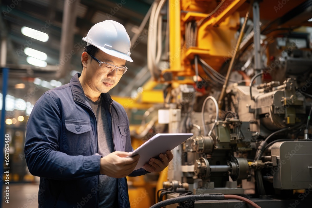 Maintenance engineer using tablet checking up on factory engines parts for fixing and repair, Smart service diagnostics software concept. Maintenance engineer using tablet checking up on factory engines parts for fixing and repair, Smart service diagnostics software concept.
