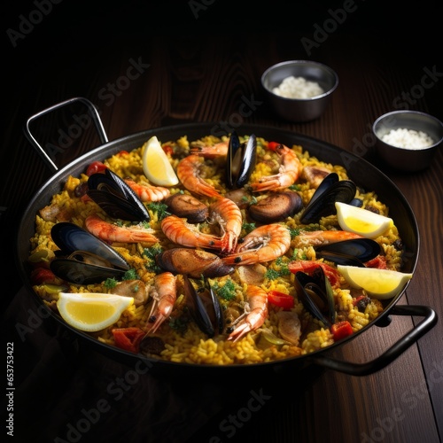 Spanish traditional food Paella with seafood 