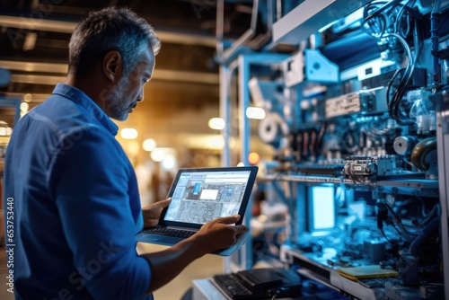 Tablet, engineering and man with electricity box for repair, maintenance and technician inspection. Industrial, electrician and male worker on digital tech for service, test or power source check