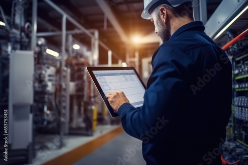 A close - up shot of an engineer using a tablet to check and analyze the data systems of the industry factory system network. photo