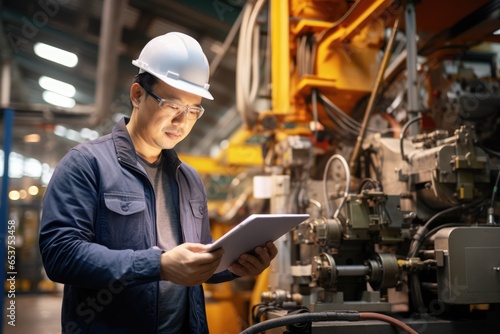Maintenance engineer using tablet checking up on factory engines parts for fixing and repair, Smart service diagnostics software concept. photo