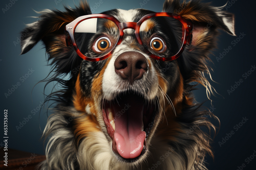 Studio portrait of shocked dog wearing glasses made with AI