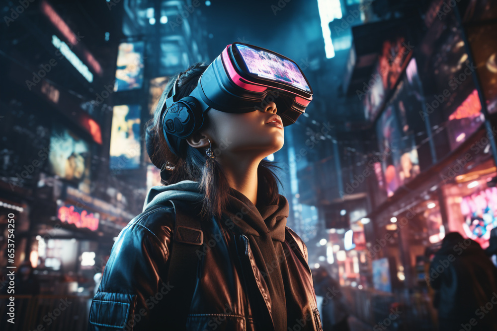 Teenager with VR headset exploring metaverse, playing video game in cyberpunk city made with AI - obrazy, fototapety, plakaty 
