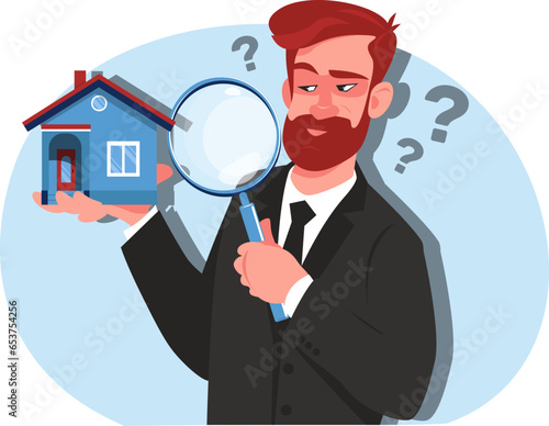 Realtor assesses condition of house with magnifying glass, determining condition of structure. Stock vector illustration