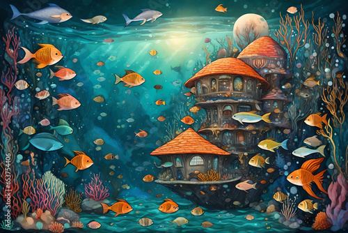 whimsical underwater world with marine creatures 