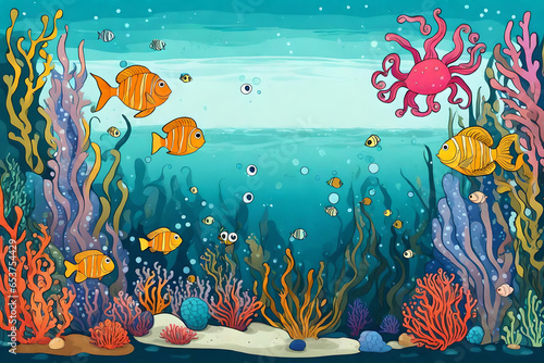 whimsical underwater world with marine creatures 