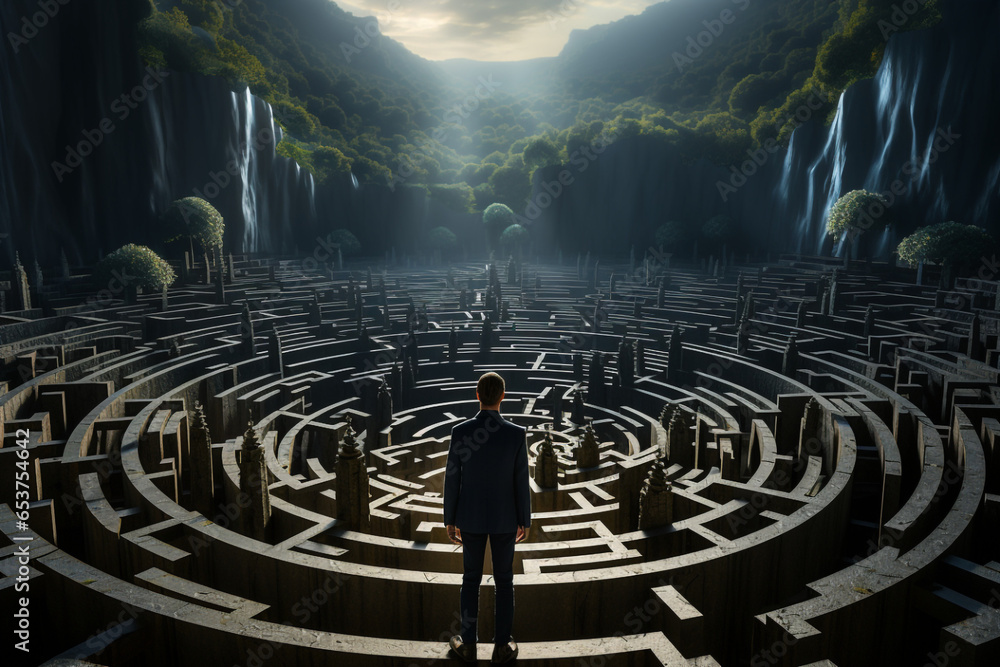 Man in surreal maze, facing labyrinth challenge, complex problem decision made with AI - obrazy, fototapety, plakaty 