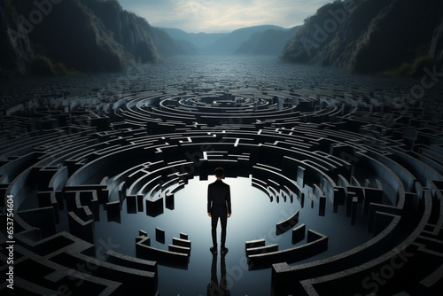 Man in surreal maze, facing labyrinth challenge, complex problem decision made with AI photo