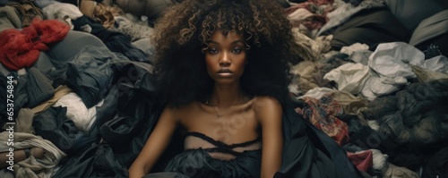 The Hidden Costs of Ultra Fast Fashion - Diverse Models Sitting in a Pile of Trashed Cheap Clothes - fast fashion, woman, model, environmental impact, waste, pollution, garment industry, waste, trash