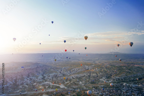 Beautiful morning scene with Hot air balloons flying over Cappadocia at sunrise, Turkey