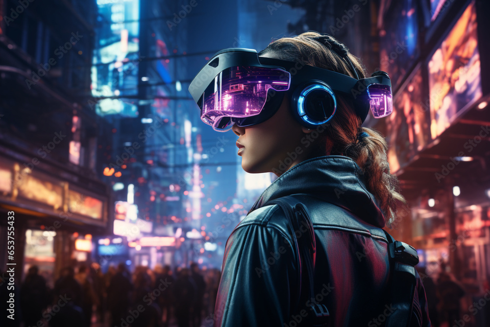 Girl in metaverse, back view of female gamer walking in 3D virtual reality city made with AI