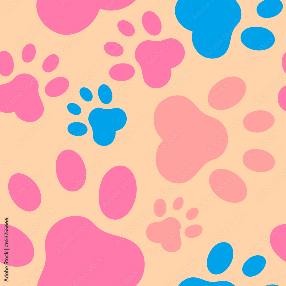 Vector.Paws pattern seamless repeat background. Pet background, bright, cheerful colors. Cute colorful paw wallpaper dogs.Animals.Cat.Pets.Veterinary.Pet stores.Veterinarian.Dog diapers.Animals.