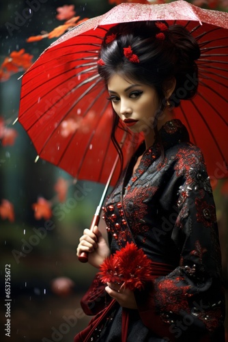 Elegant Poise with Red Umbrella in Autumn Rain. A poised woman with a red umbrella, set against autumn rain.