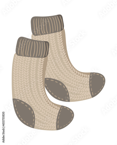 Flat autumn illustration vector warm knitted socks on white background. Hand drawn fall element for design greeting card. Thanksgiving Day