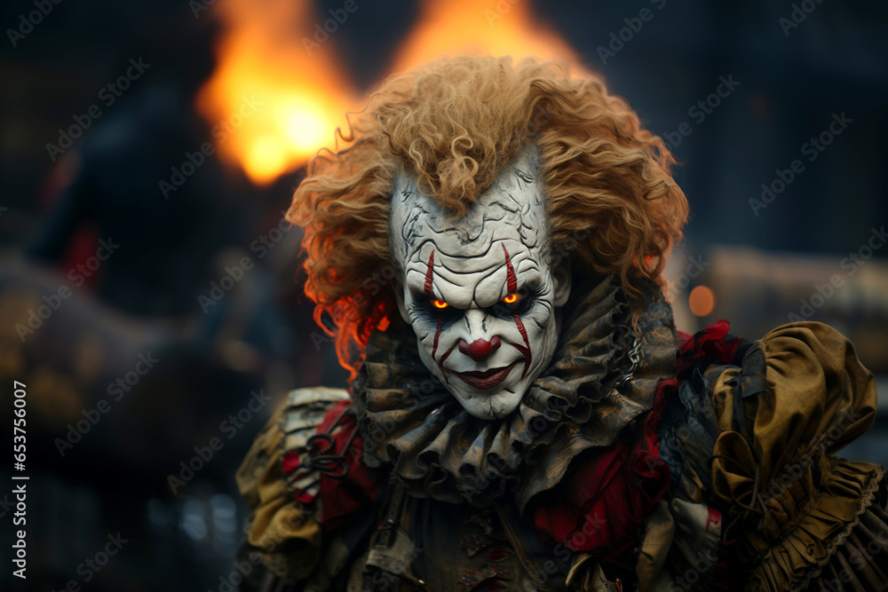 Evil and fear concept. Halloween, Friday 13, Day of the Dead, Dia de los muertos, 31 of October carnival. Scary horror clown and creepy funfair or circus, points finger into camera.