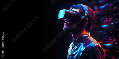 Virtual reality: the user immersed in the world of games with virtual reality glasses photo