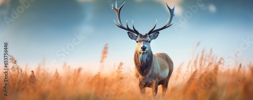 Banner with red deer stag in the autumn field. Noble deer male. Beautiful animal in the nature habitat. Wildlife scene, wild nature landscape. Wallpaper, beautiful fall background with copy space
