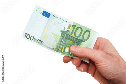 A hand holding, paying or giving a European 100 Euro banknote, paper currency money, isolated against a transparent background.