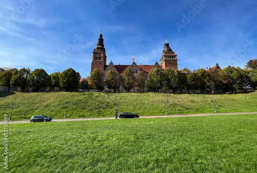 Szczecin, Poland - September, 26, 2023: Waly Chrobrego on the Odra waterfront. HakenTerrasse buildings from the times of Prussia in Szczecin. photo