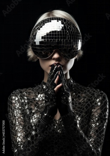 At a concert indoors, a woman wearing a sleek black dress and gloves exudes an air of confidence and elegance, disco ball on her head photo