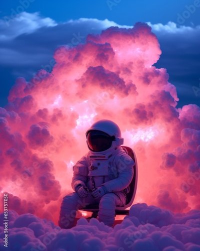 A surreal portrait of an astronaut in a suit, surrounded by neon colored clouds of pink smoke, conveys a dreamy feeling of exploration and adventure in the vast unknown of the sky