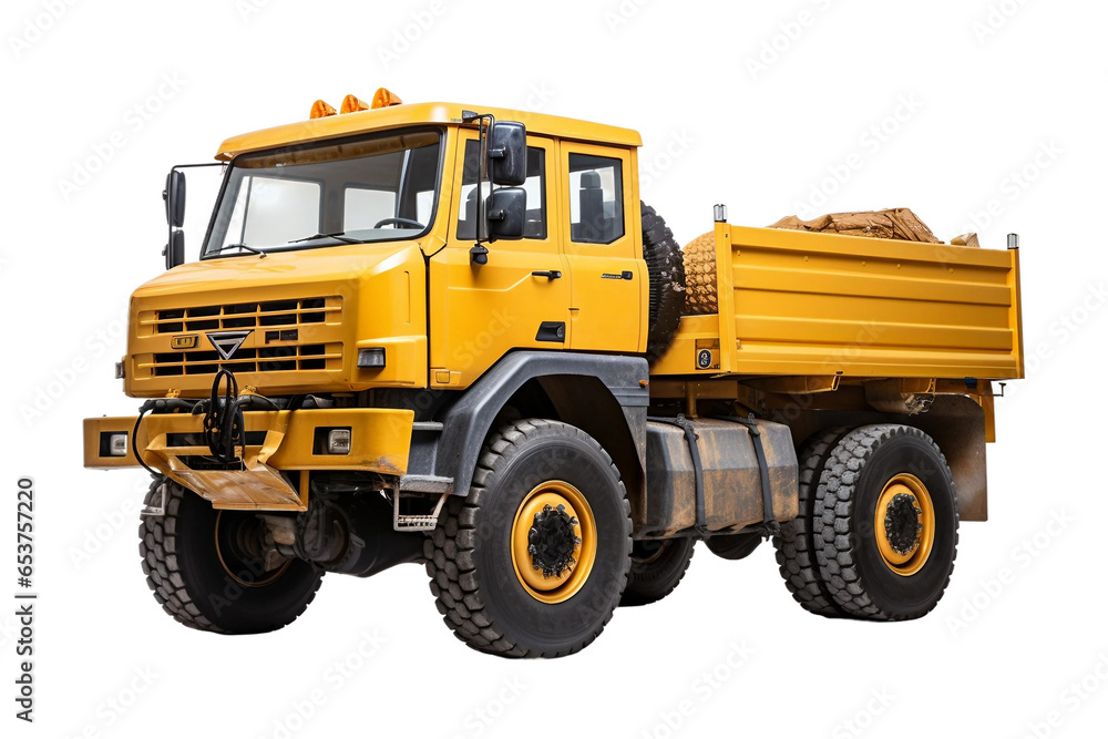 Articulated heavy industrial yellow dumper trucks isolated on a transparent background, Generative Ai