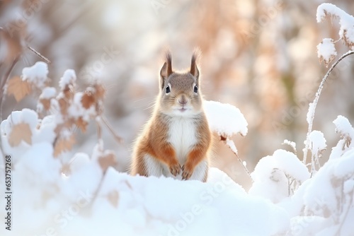 Cute red squirrel (Sciurus vulgaris) sitting in a snow and looking for food on winter forest blurred background. Banner with beautiful animal in the nature habitat. Wildlife scene