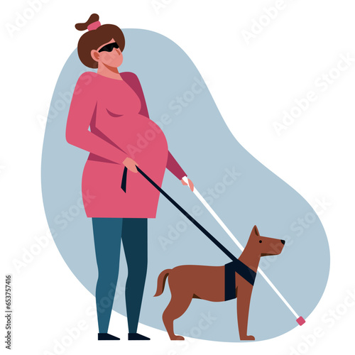 A vector image of a pregnant unseeing woman with a guide-dog.