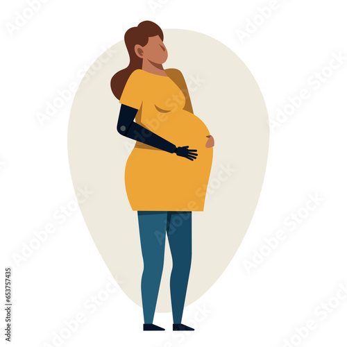 A pregnant hispanic woman with an arm prosthetics. A pregnant amputee vector image.