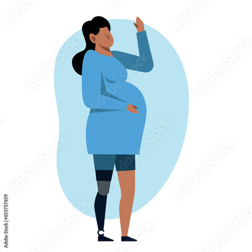 A pregnant hispanic woman with a leg prosthetics. A pregnant amputee vector image.