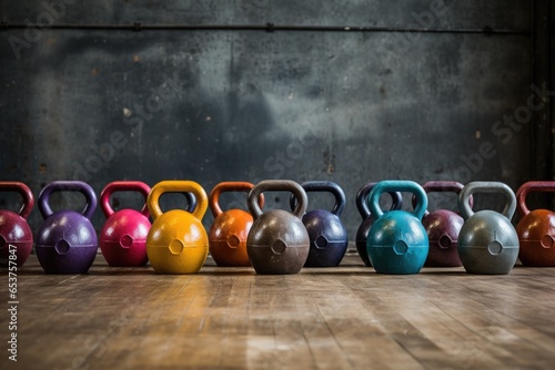 set of kettlebells in varying sizes and colors photo