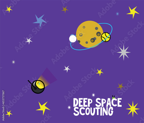 Deep space scouting flat banner, astro drone, cosmic scout, planet and stars