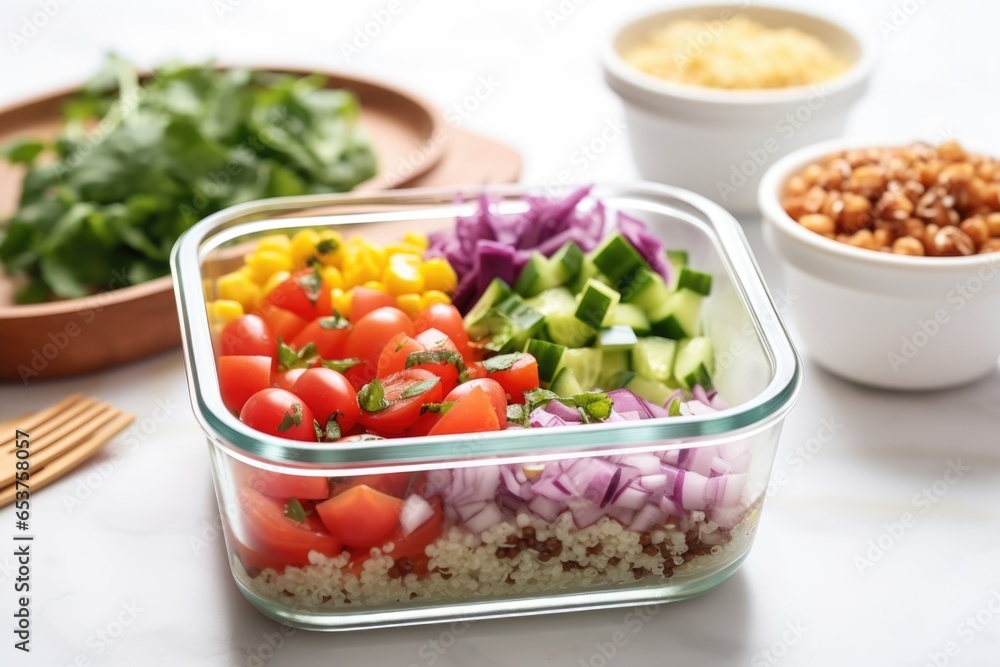meal prep container with rainbow grain salad on marble counter meal prep container with rainbow grain salad on marble counter