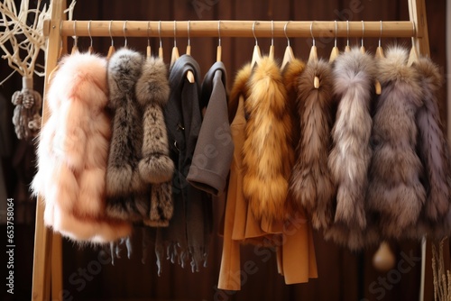 faux fur vests hanging on a wooden rack photo