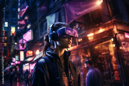 Virtual reality female gamer in futuristic metaverse city made with AI