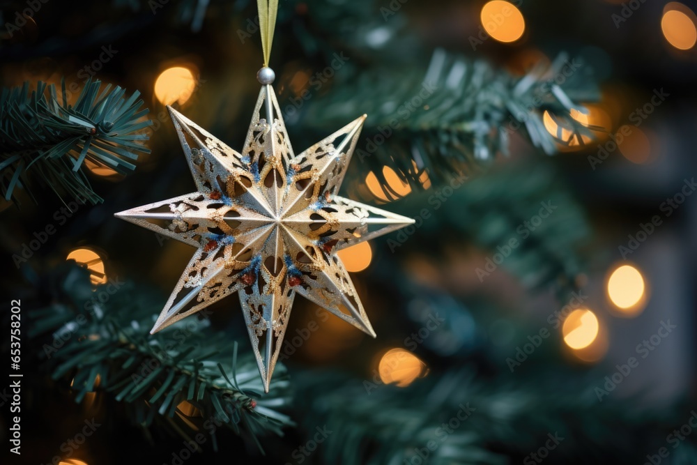close-up view of a christmas star adorning the top of a tree close-up view of a christmas star adorning the top of a tree