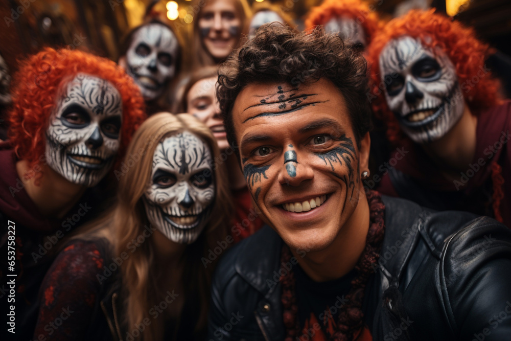 Happy smiling adult people group with scary painted face paint makeup and Halloween costumes take selfie on Friday 13, having fun on Day of the Dead, Dia de los muertos, 31 of October carnival