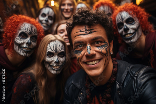 Happy smiling adult people group with scary painted face paint makeup and Halloween costumes take selfie on Friday 13, having fun on Day of the Dead, Dia de los muertos, 31 of October carnival