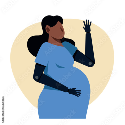 A pregnant black woman with an arm prosthetics. A pregnant amputee vector image.