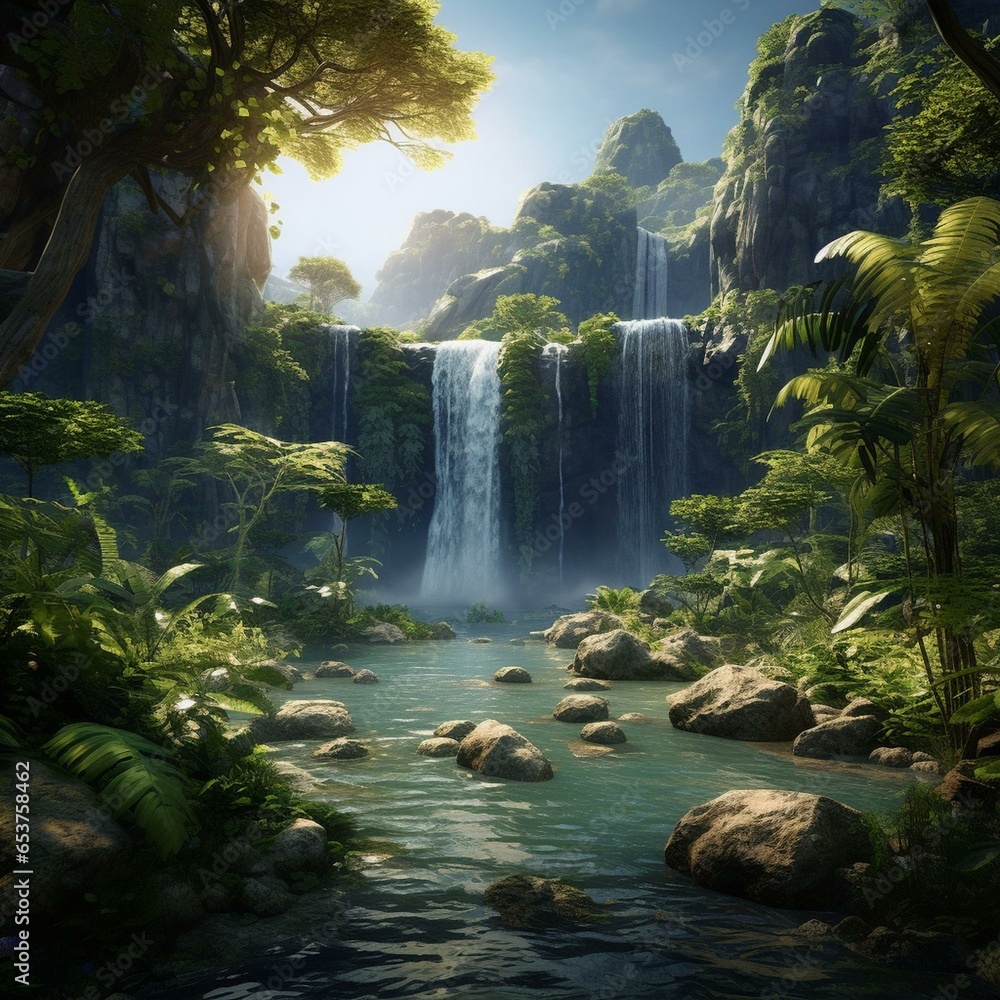 garden of eden waterfall nature cinematic - obrazy, fototapety, plakaty 