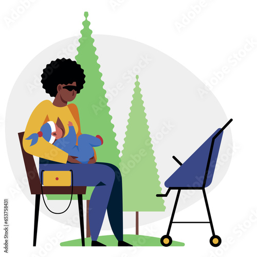 A vector image of a blind woman with a baby feeding with her breast