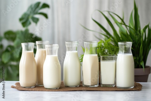 a variety of plant-based milk bottles on a table