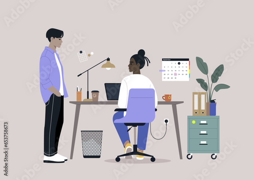 The onboarding process concept, an employee assisting a new colleague in acclimating to their first day at work
